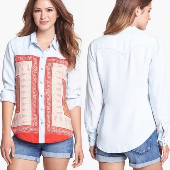 Lucky Brand Dixie Scarf Bandana Print Western Yoke Chambray Blouse w Snaps - Picture 7 of 13